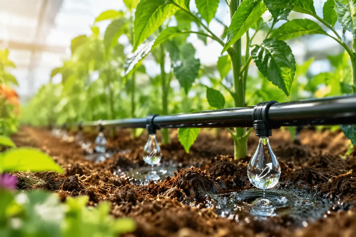 Drip irrigation line delivering a liquid soil amendment to vegetable plants in a greenhouse bed